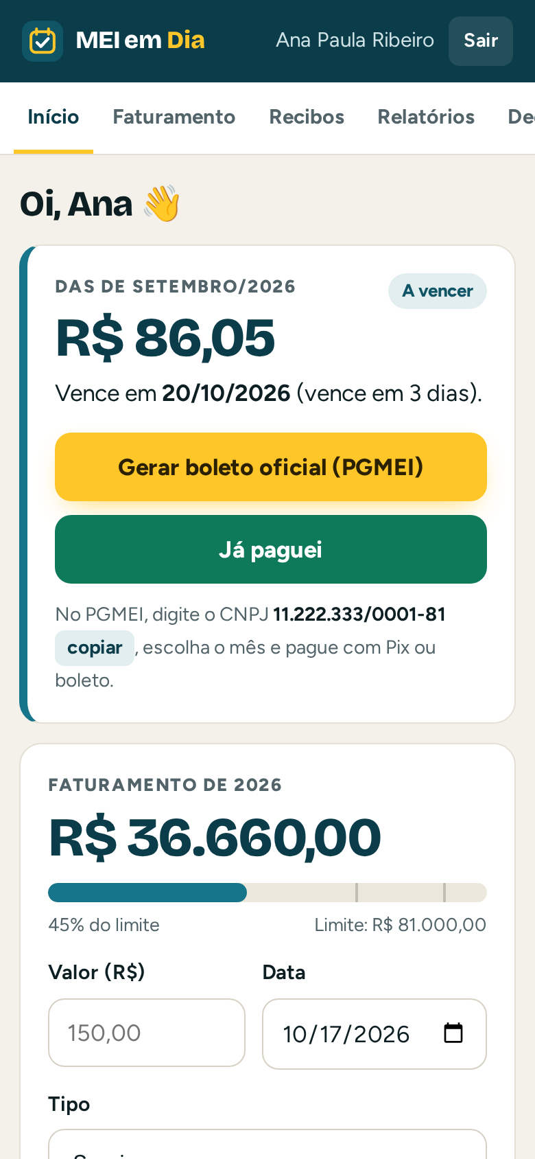 Painel do MEI em Dia no celular: DAS do mês e faturamento do ano